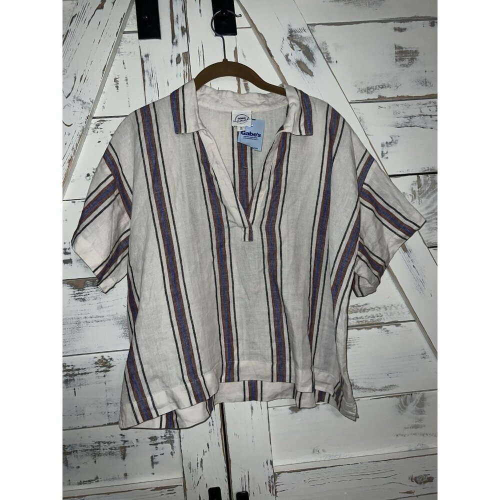 NWT Loft Beach White Blue Brown Linen Blend Striped Split Neck Top Short Sleeve